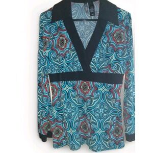 Bisou‎ Bisou Y2K Blouse Top Womens Sz L Psychedelic Moroccan Professional Office